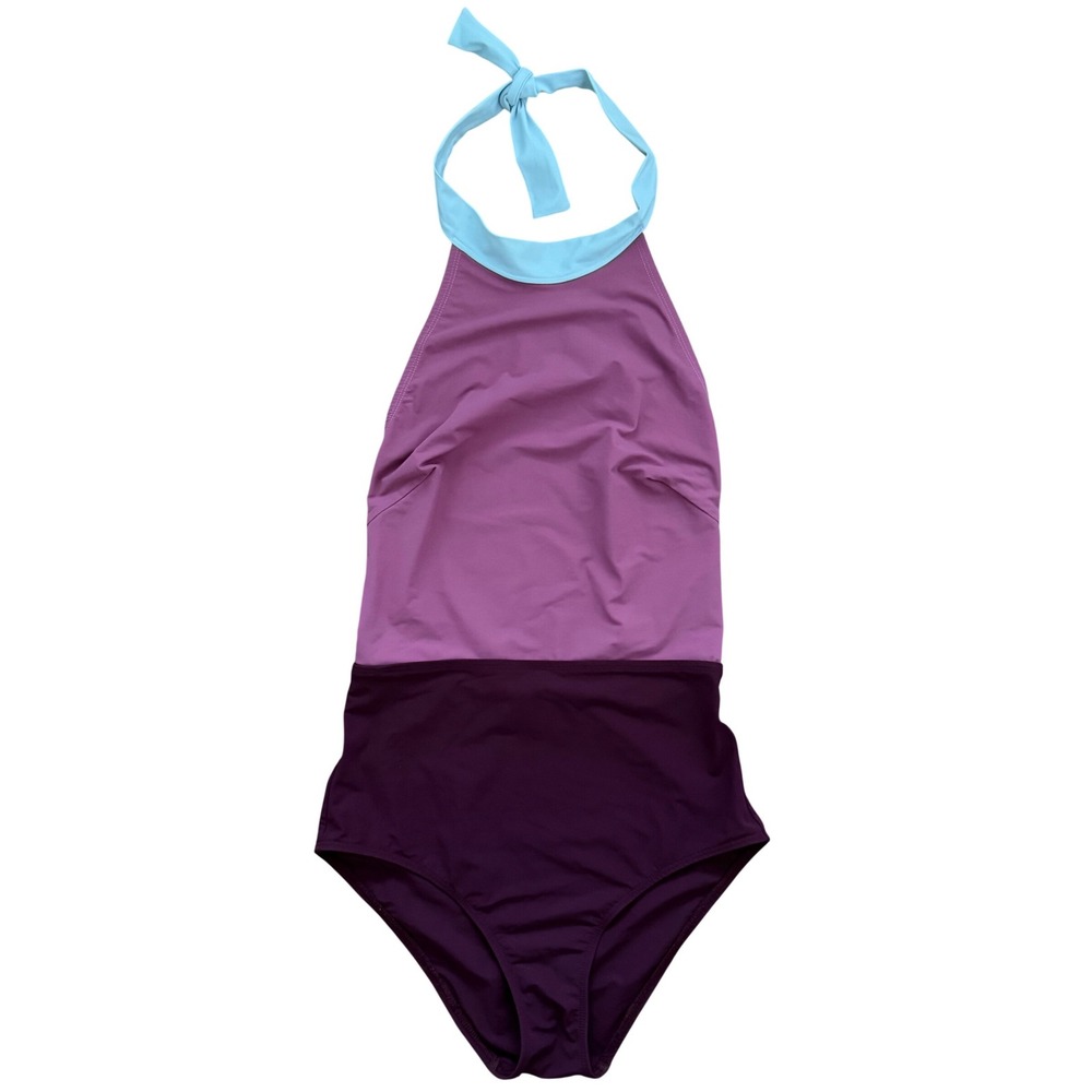 Flagpole NYC Purple Colorblock Halter One Piece Swimsuit Medium Beach Resortwear